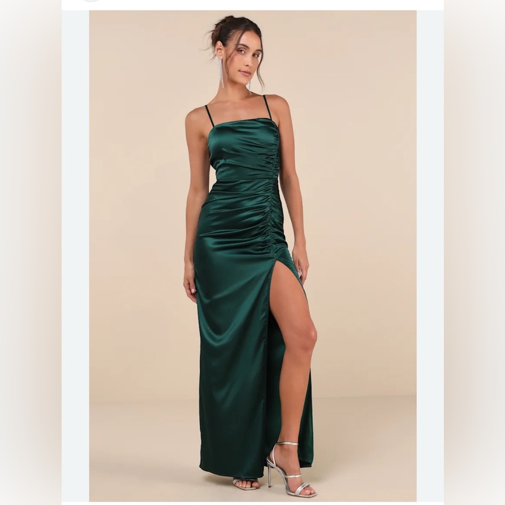 Lulus Luxurious Marvel Emerald Satin Ruched Column Maxi Dress size XS